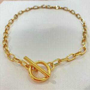 Gold tone paper clip chain necklace toggle clasp modern chunky new preppy